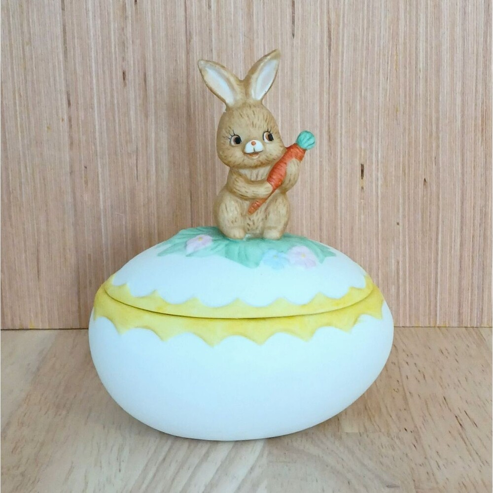 Lefton Vintage Ceramic Easter Bunny & Egg Trinket Jewelry Holder Dish - Picture 2 of 10